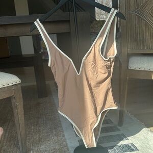 l*space Mauve Taupe One-Piece Swimsuit with White Trim